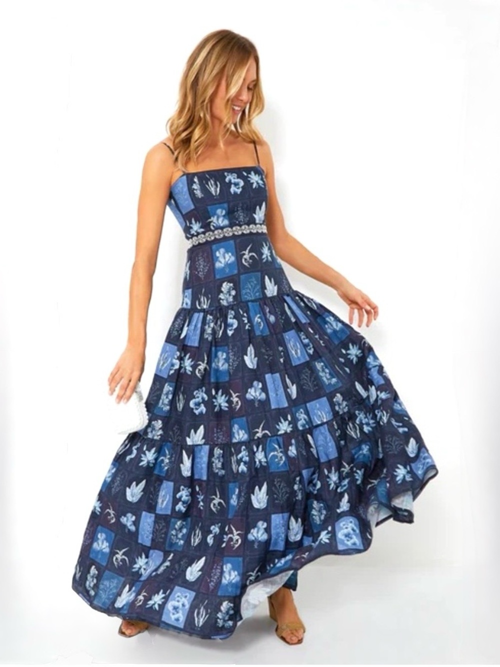 Agua by Agua Bendita Lima Algae Printed Tiered 100% Linen Maxi Dress Size M NWOT - Picture 3 of 15